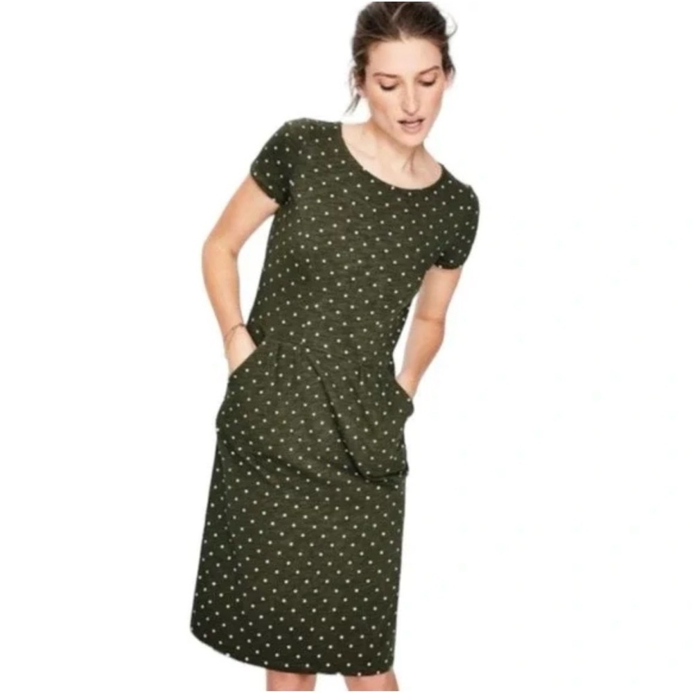 Boden PHOEBE Olive Polka Dot Cotton T-Shirt Dress WOMEN 8L tall COMFORT TRAVEL